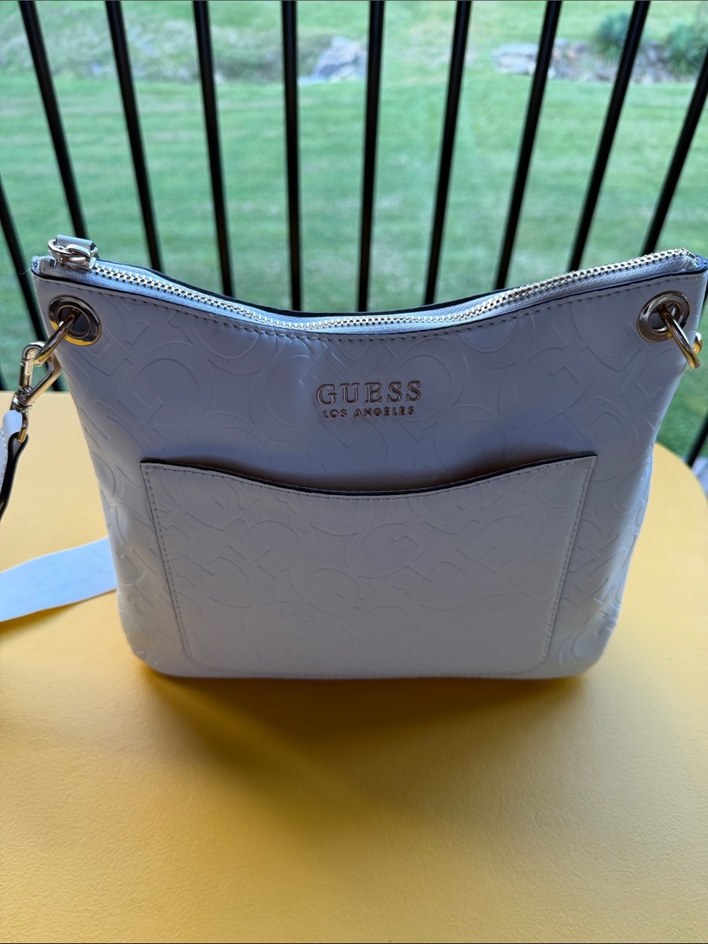 Guess White Embossed Signature Shoulder Bag with Gold Hardware